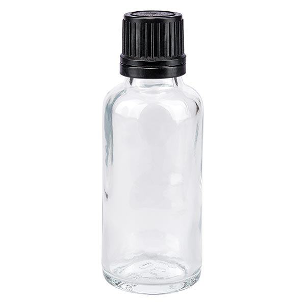 Frasco de farmácia 30ml transparente tampa de rosca preta anel de vazamento fecho inviolável Frasco de farmácia 30ml transparente tampa de rosca preta anel de vazamento fecho inviolável