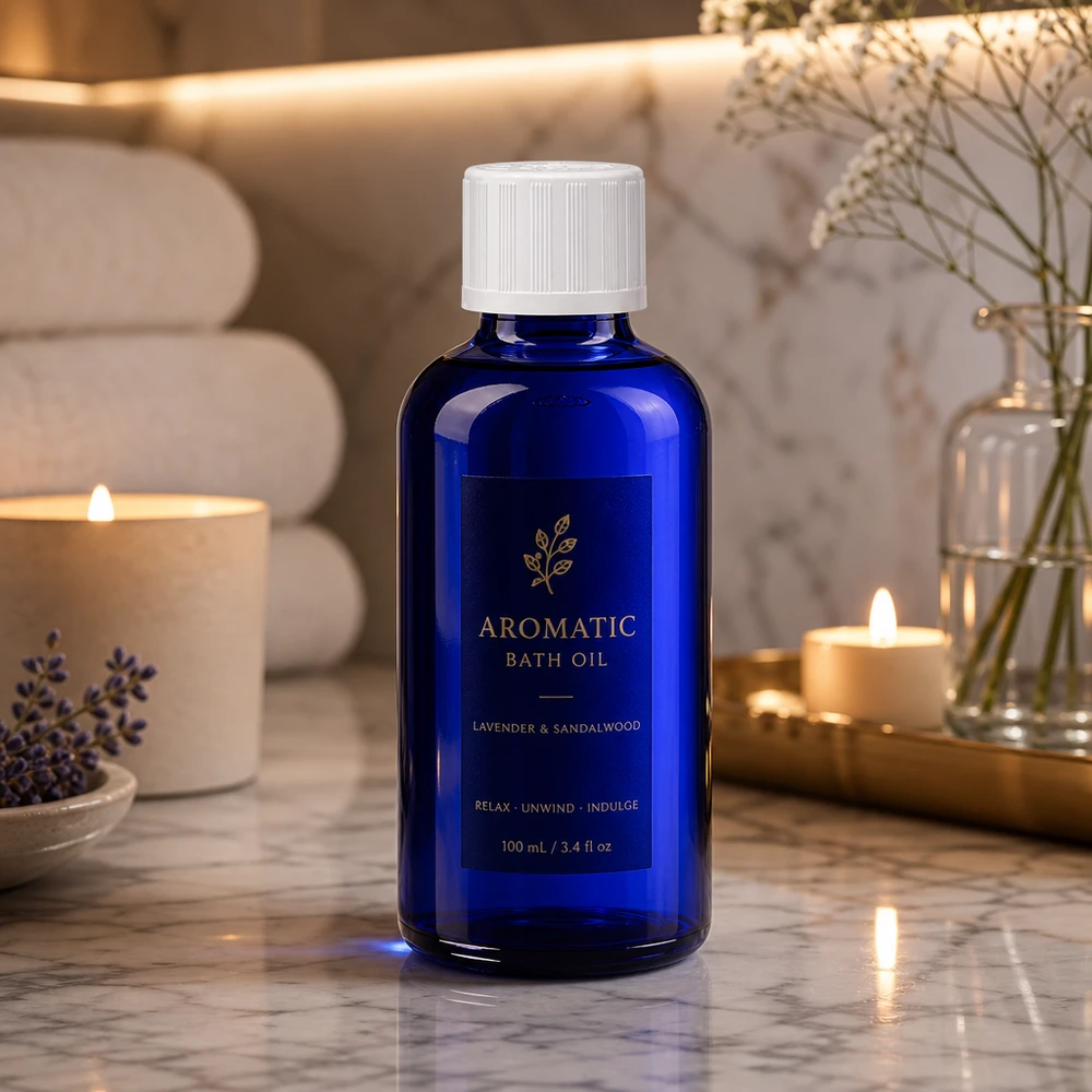 Frasco de farmácia azul cobalto de 50 ml com tampa KiSi branca num elegante ambiente de casa de banho