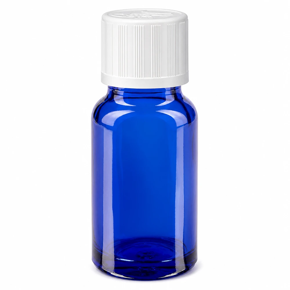 Frasco de vidro azul de farmácia de 10 ml com tampa de segurança para crianças branca de 11 mm