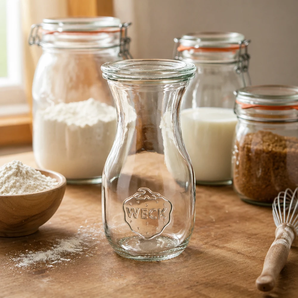 Garrafa de sumo WECK 290ml RR60 em ambiente de cozinha com frascos de conserva de farinha e utensílios de pastelaria sobre bancada de madeira