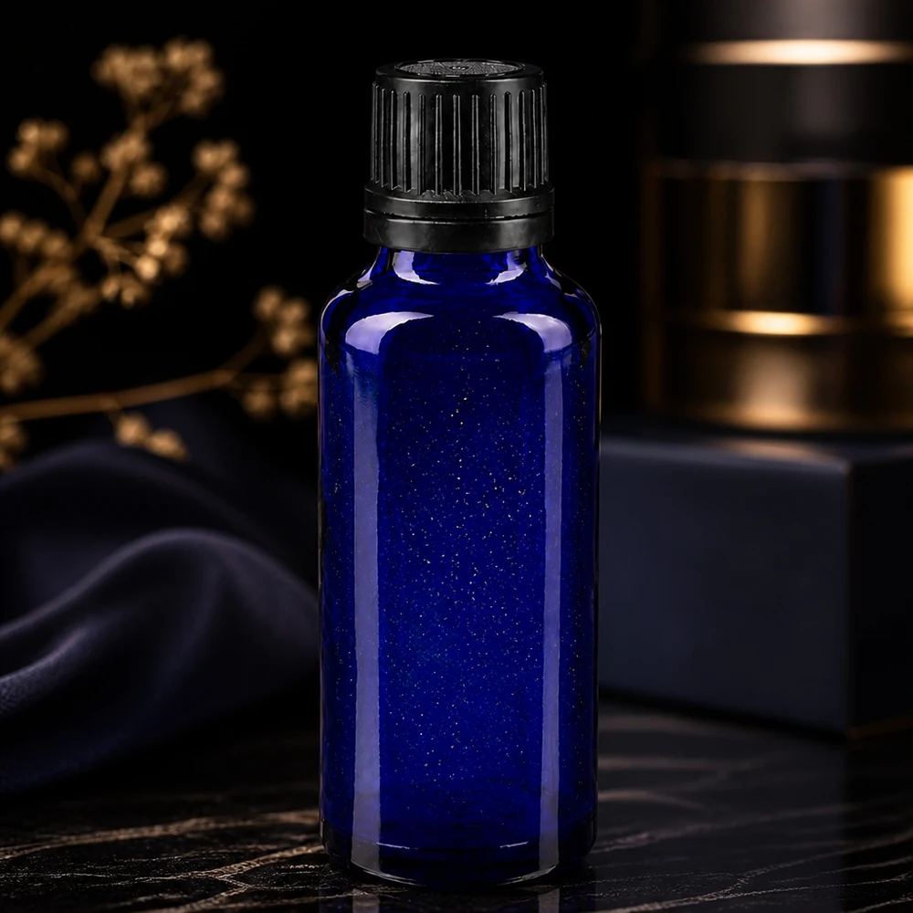 Frasco de farmácia azul 30ml tampa conta-gotas anel de vazamento 1mm preto fecho inviolável Frasco conta-gotas de vidro farmacêutico de 30 ml, azul, com tampa de rosca preta, para óleos essenciais