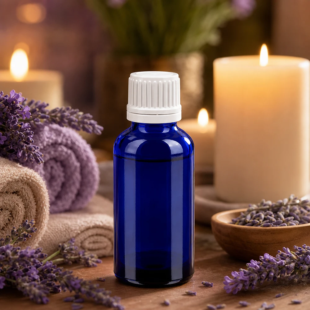 Frasco de 30ml com tampa de rosca de 11mm branca inviolável BlueLine UT18/30 Frasco conta-gotas de 30 ml em vidro azul com tampa branca para aromaterapia e bem-estar