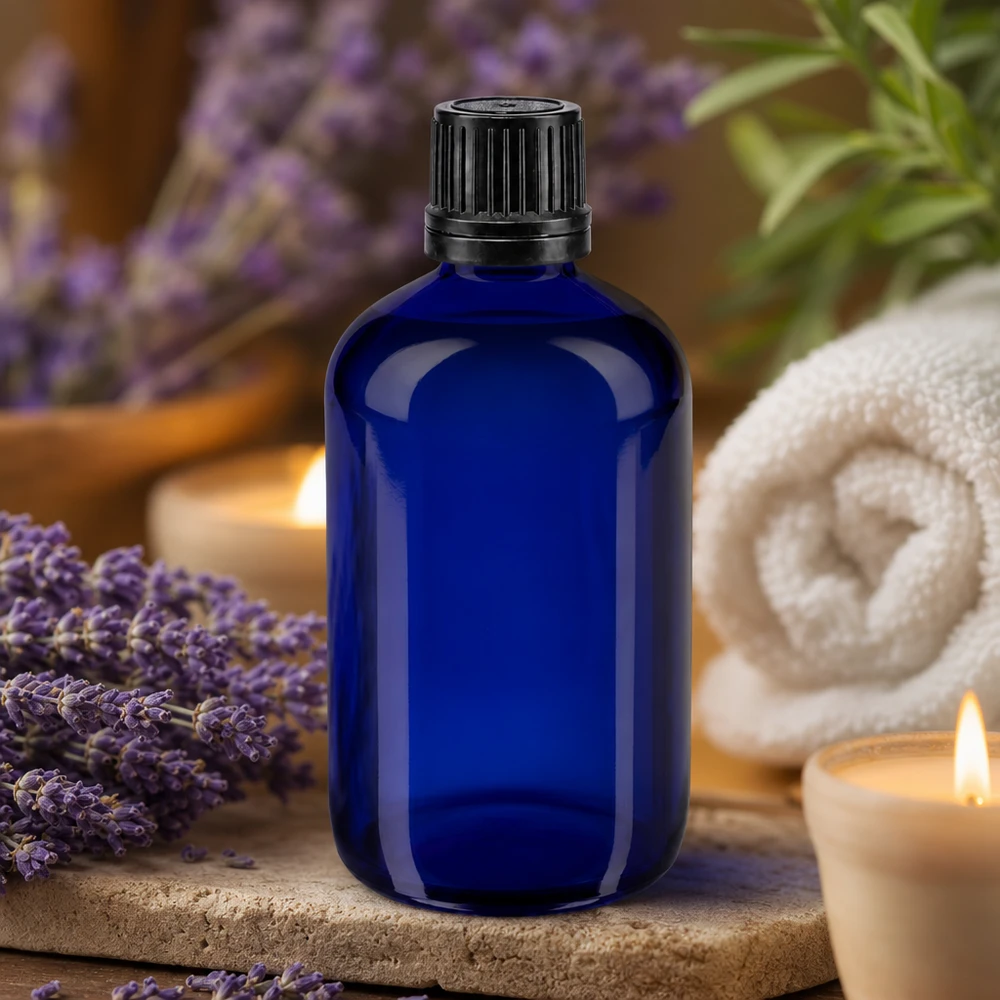 Frasco de vidro azul de 100 ml com tampa preta com segurança para crianças, para óleos essenciais