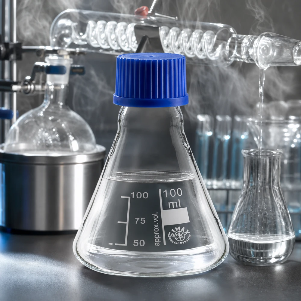 Erlenmeyer de 100 ml com vidro de borossilicato resistente ao calor e tampa de rosca azul