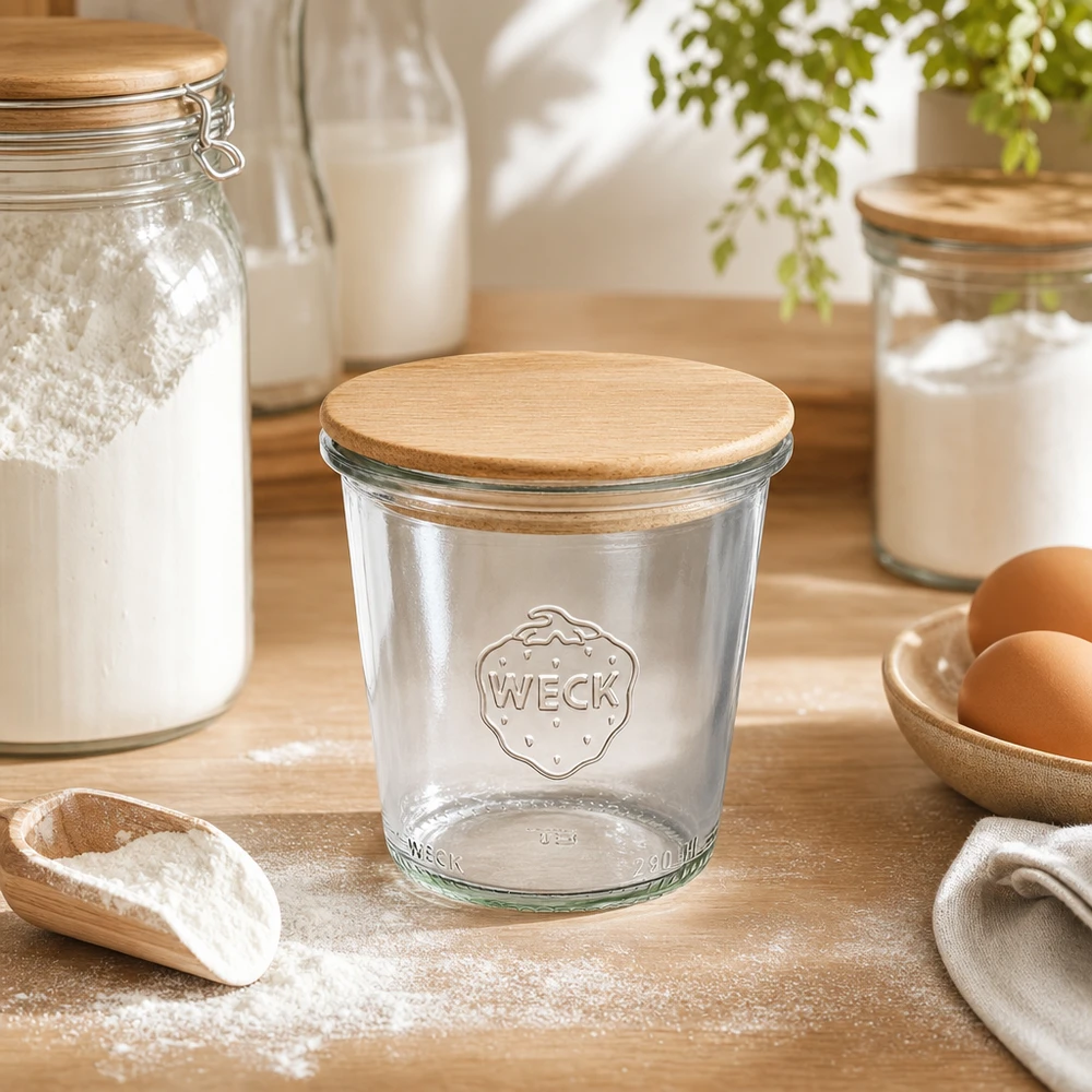 290ml Sturzglas hoch WECK RR80 mit Holzdeckel WECK Sturzglas 290ml RR80 mit Holzdeckel in natürlicher Küchenszene mit Mehl Eiern und Backzutaten auf Holzbrett