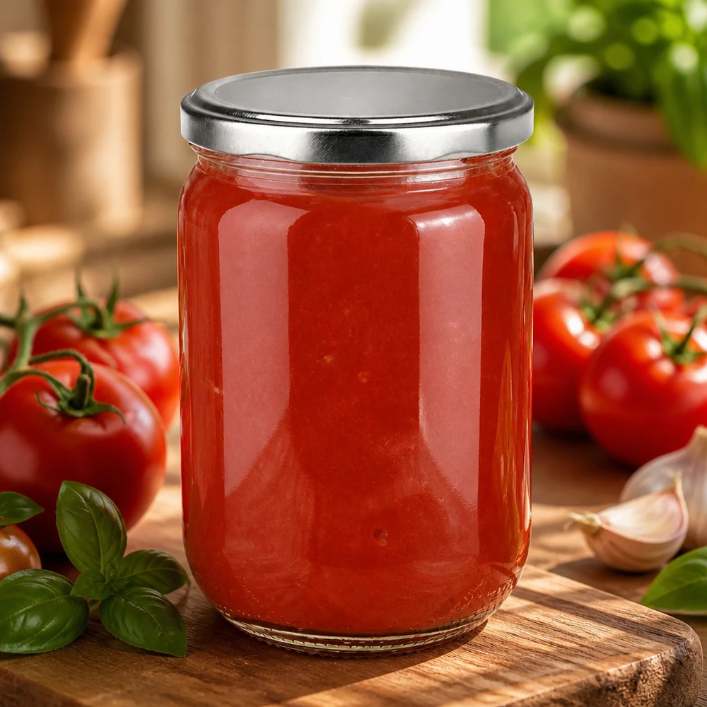 Frasco redondo de vidro UNiTWIST de 555 ml com tampa BasicSeal prateada, cheio de molho de tomate vermelho, sobre uma tábua de madeira