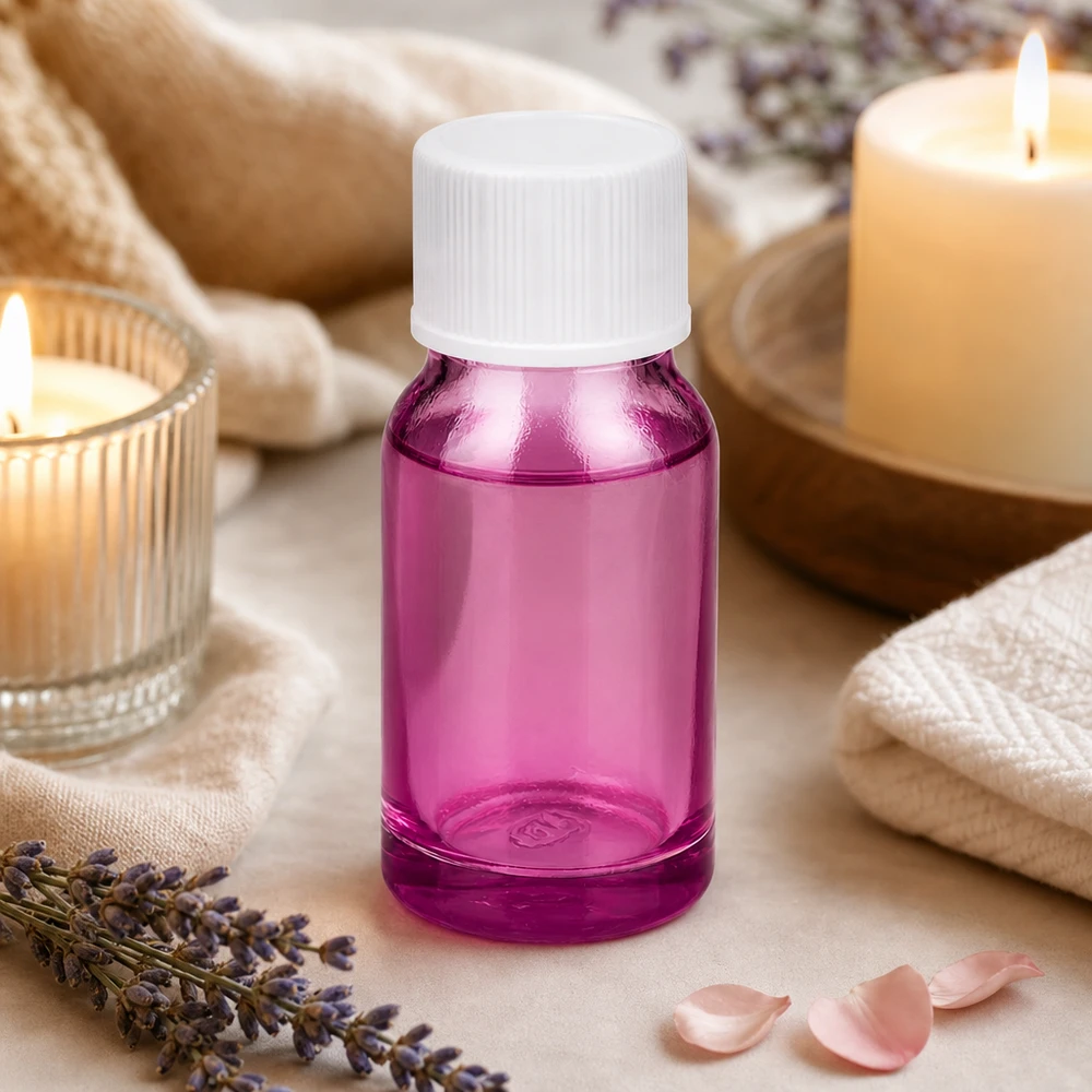 Frasco de vidro violeta de 10 ml com tampa de rosca branca para cosméticos DIY e soros caseiros
