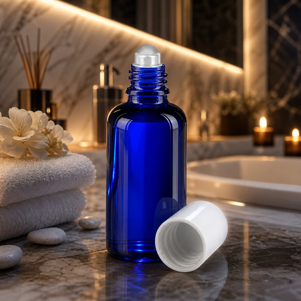 Frasco roll-on de 50 ml em azul cobalto, com tampa de plástico branca e esfera de vidro, num ambiente de spa
