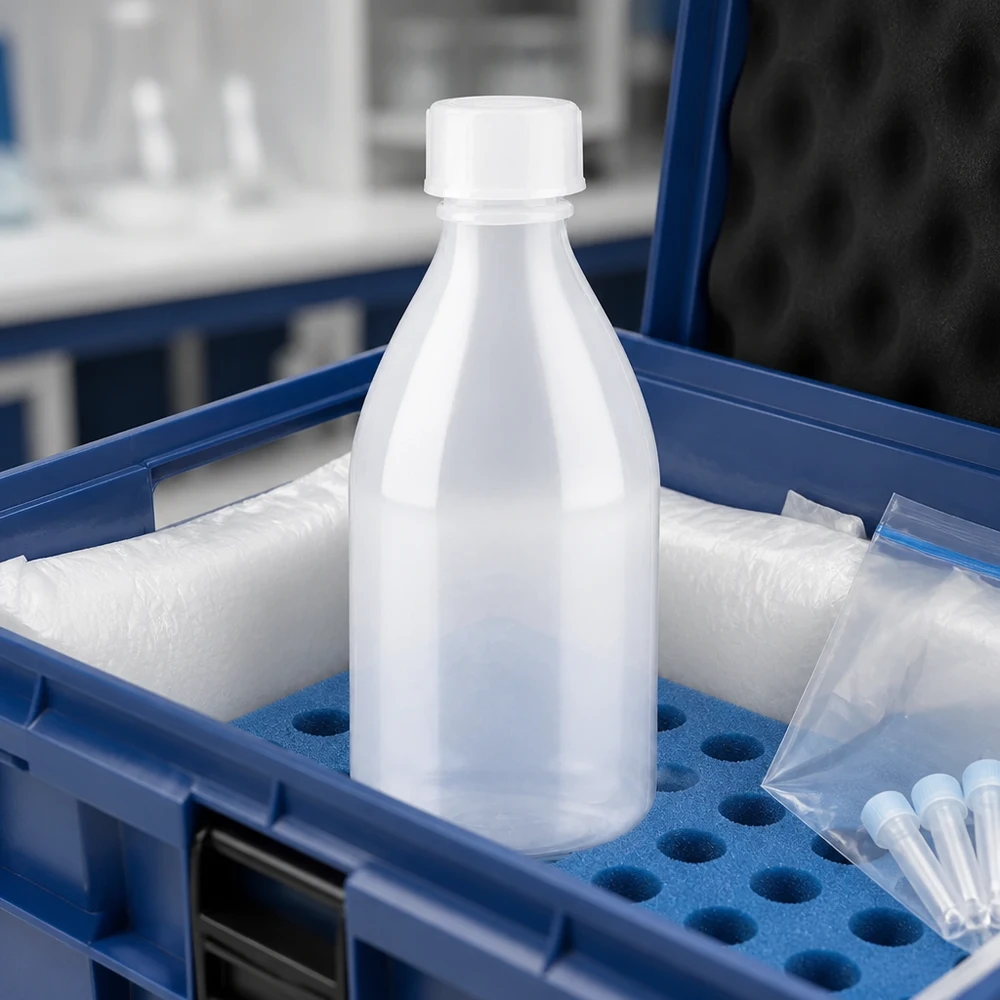 Frasco de 100 ml com gargalo estreito e tampa de rosca, numa caixa de laboratório azul com inserção de espuma e microtubos