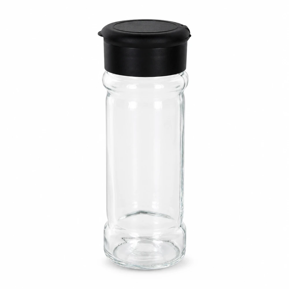 Frasco para sal/especiarias de 100 ml com espalhador, preto Frasco vazio para especiarias de 100 ml, em vidro transparente, com espalhador de plástico preto