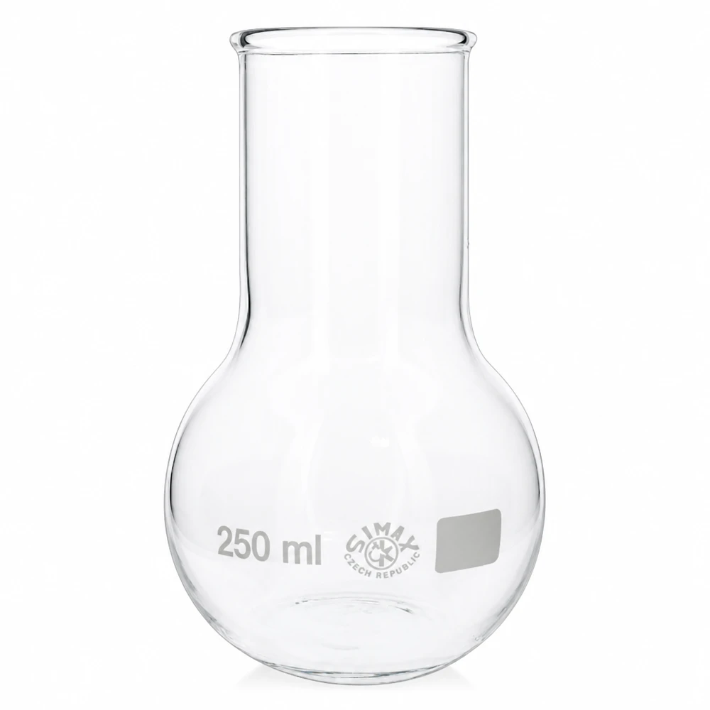 Balão de 250 ml com gargalo largo em vidro transparente para uso laboratorial