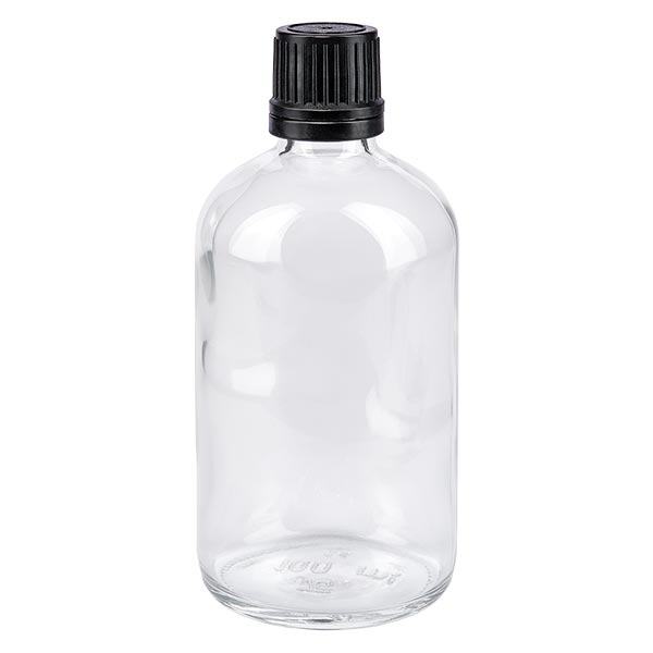 Frasco de farmácia 100ml transparente tampa conta-gotas premium 1mm preto fecho inviolável