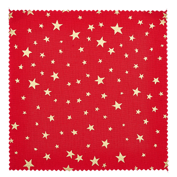 Pano de cozinha para jóias vermelho "estrelas" quadrado de 12 cm Guardanapo de tecido vermelho com padrão de estrelas douradas em grande plano Detalhe de guardanapo de jóias quadrado de 12 cm