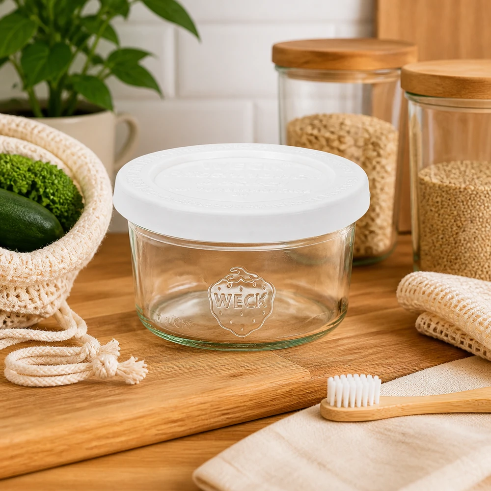 Copos WECK de 50 ml RR60 com tampa branca numa cozinha sustentável com escova de dentes de bambu e produtos sem resíduos