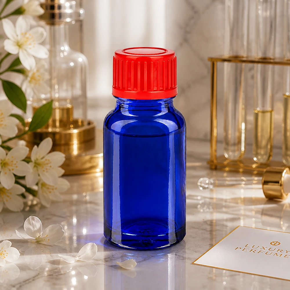 Frasco de 10ml com tampa de rosca de 11mm vermelho standard BlueLine UT18/10 Frasco de vidro BlueLine de 10 ml com proteção UV e tampa vermelha para substâncias sensíveis