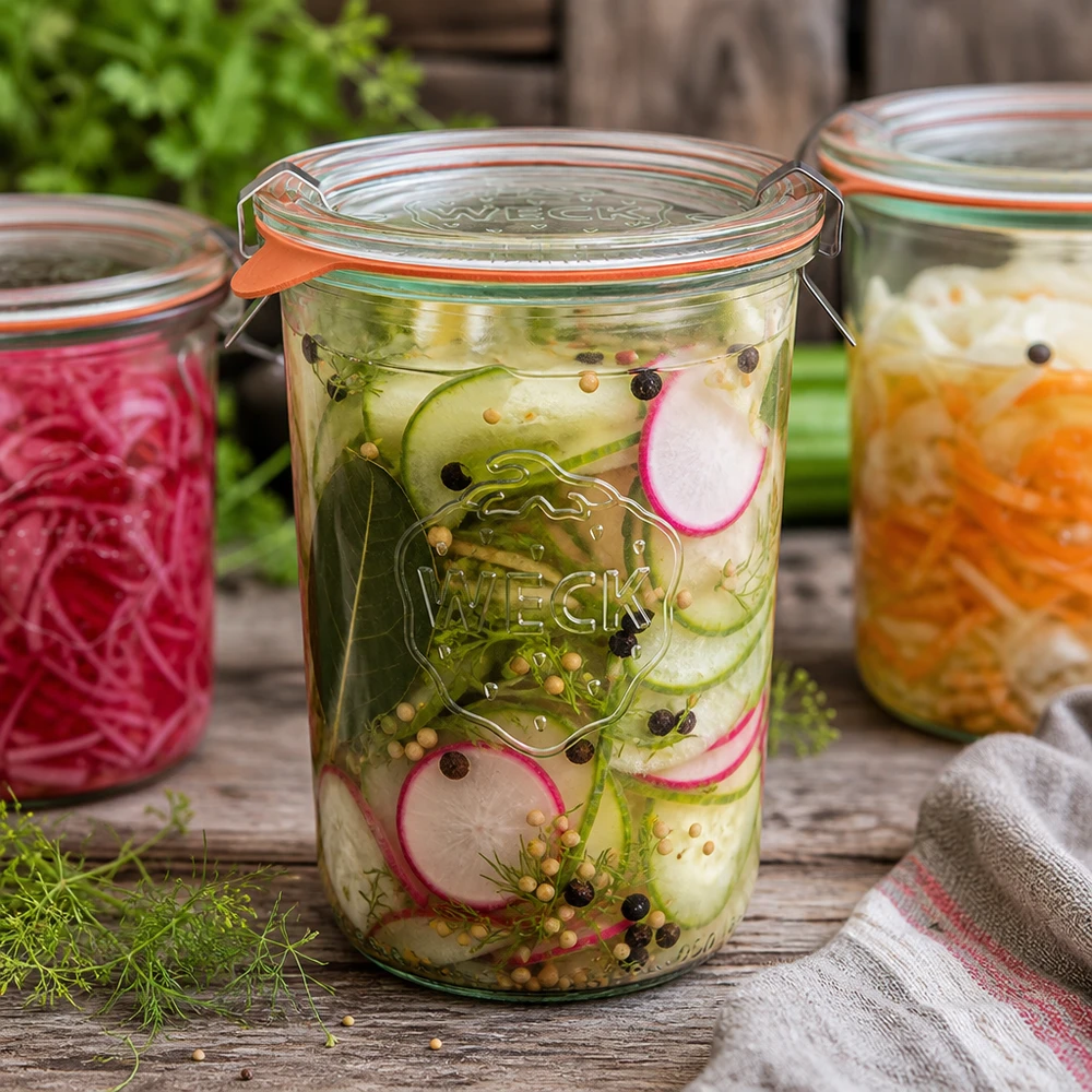 WECK RR100 Sturzglas 850ml mit eingelegtem Gurken-Radieschen-Salat zeigt perfekte Fermentation und Konservierung