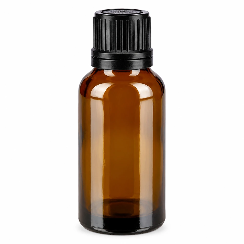 Frasco de farmácia castanho 20ml tampa conta-gotas anel de vazamento 1mm tampa inviolável preta Frasco conta-gotas castanho de 20 ml, em vidro de farmácia, com tampa de segurança preta
