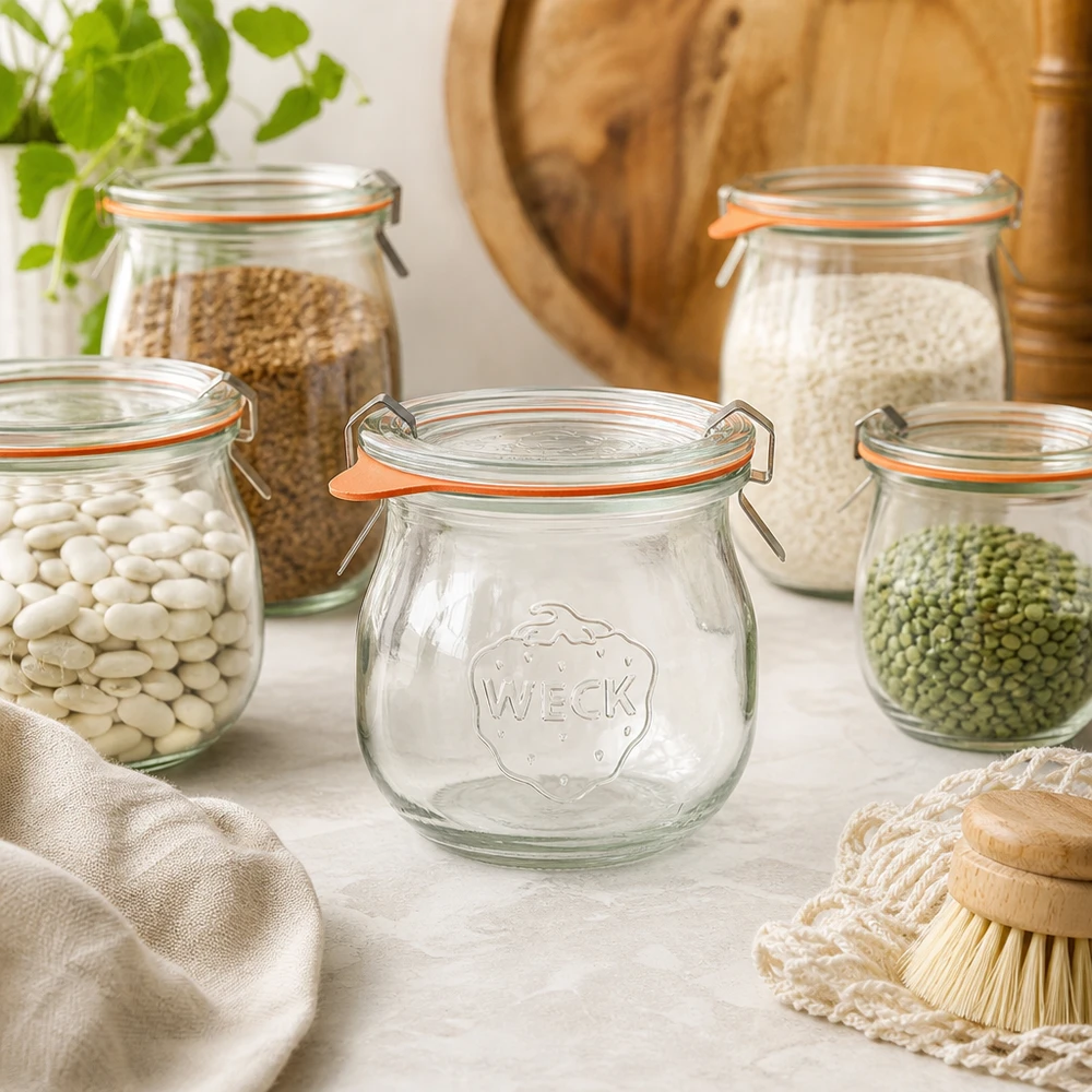 Frasco tulipa de 75ml completo WECK RR40 Frasco tulipa WECK 75ml RR40 num ambiente natural de cozinha entre frascos de arrumação com legumes e cereais