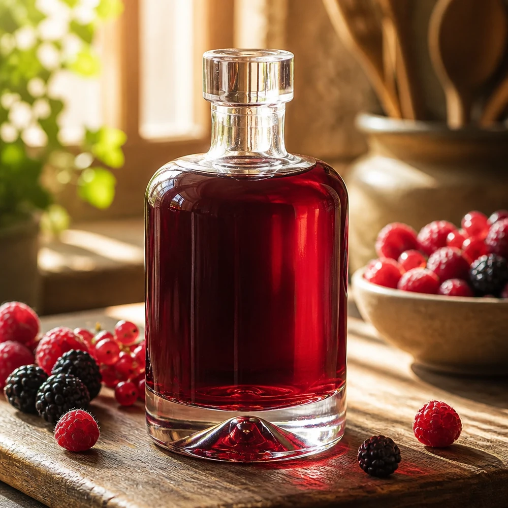 Garrafa de vidro de 50 ml Amelie cheia de licor de bagas vermelhas rodeada de framboesas e amoras frescas mostra bebidas espirituosas finas