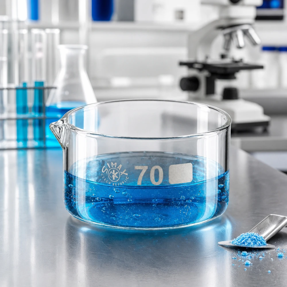 Bandeja de cristalização plana de 100 ml com bico de vertimento sobre uma bancada de aço inoxidável, ao lado do microscópio e dos tubos de ensaio