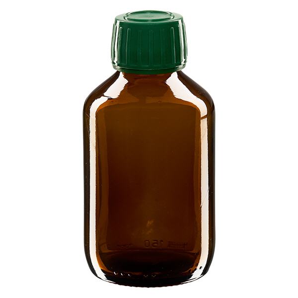 Frasco para medicamentos de 150 ml castanho, tampa verde com anel inviolável ApoGlas Frasco para medicamentos de 150 ml castanho, tampa verde com anel inviolável ApoGlas