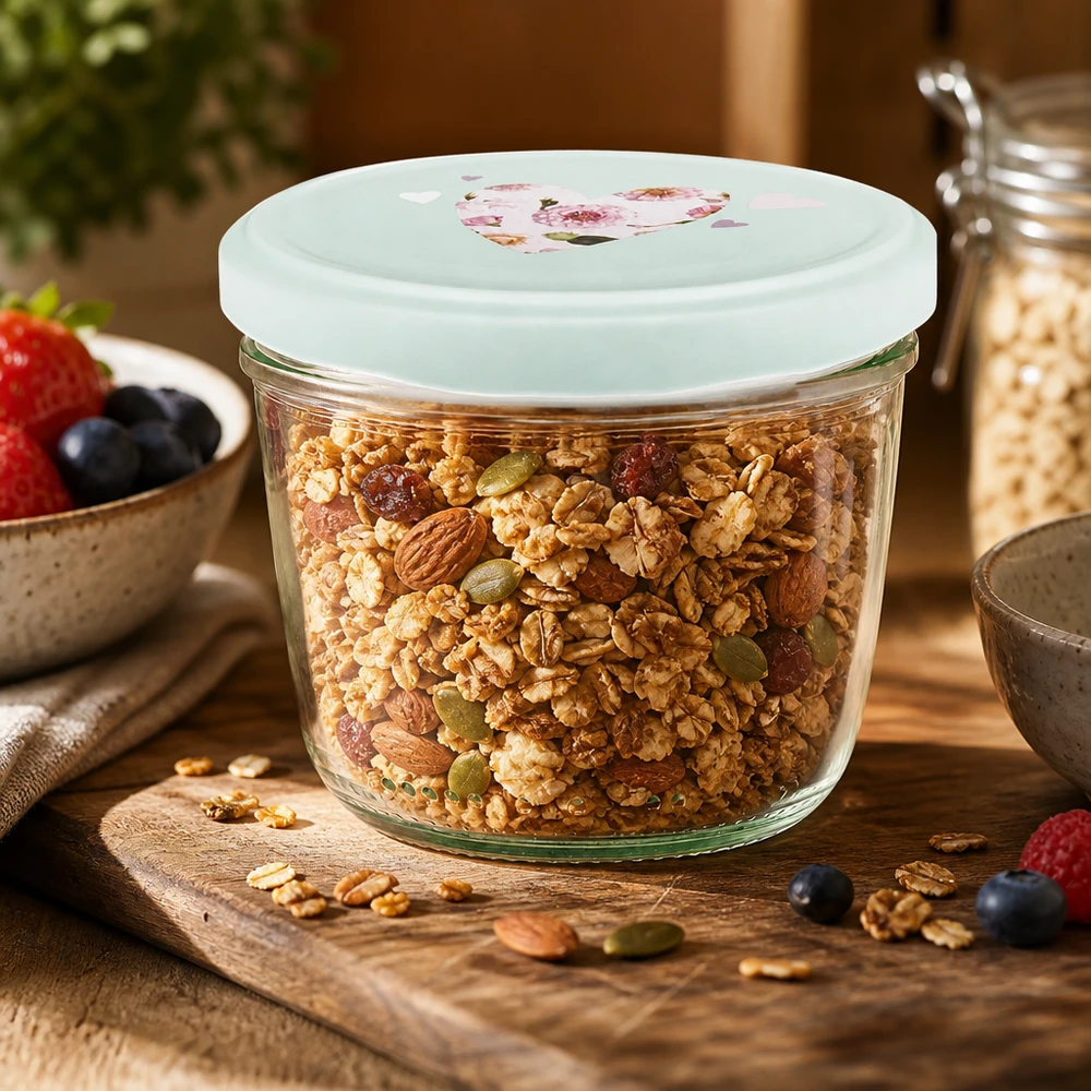 Copos de vidro de 230 ml + tampa BasicSeal coração menta UNiTWIST Granola e muesli em copos de 230 ml com tampa BasicSeal coração de menta, armazenamento hermético para cereais de pequeno-almoço