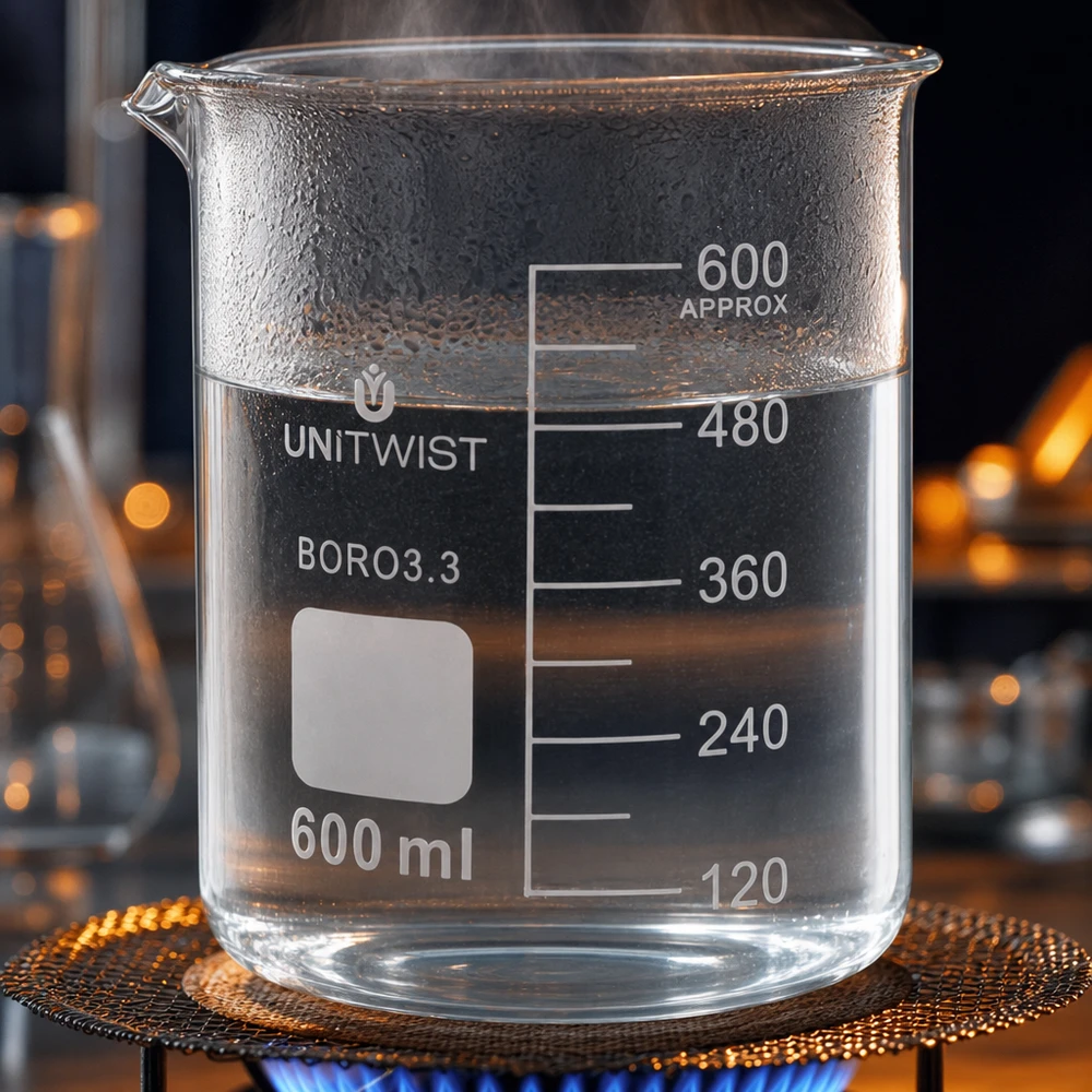 Copo de vidro de 600 ml aquecido num queimador a gás com água a ferver e vapor UNiTWIST de borossilicato