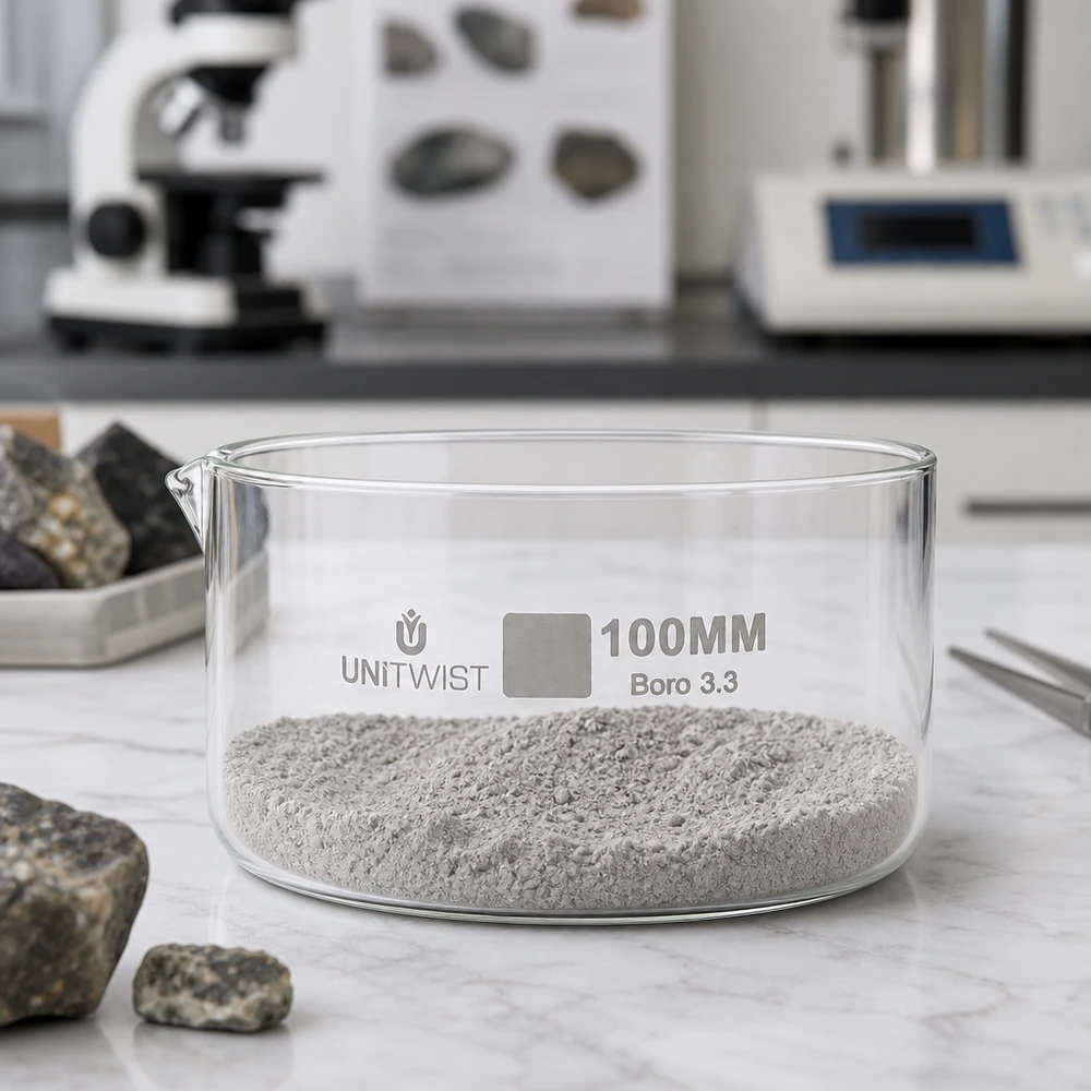 Prato de cristalização ø100mm em vidro borossilicato UNiTWIST Taça de cristalização UNiTWIST de 100 mm, cheia de pó mineral cinzento, vidro borossilicato, laboratório