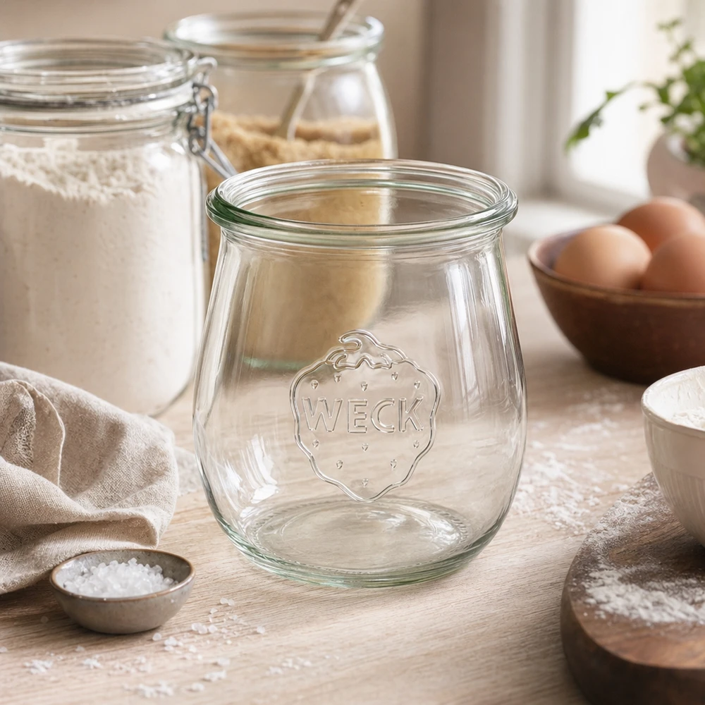 Frasco tulipa WECK 220ml RR60 transparente vazio numa cena de cozinha com farinha, ovos e ingredientes de pastelaria sobre uma mesa de madeira