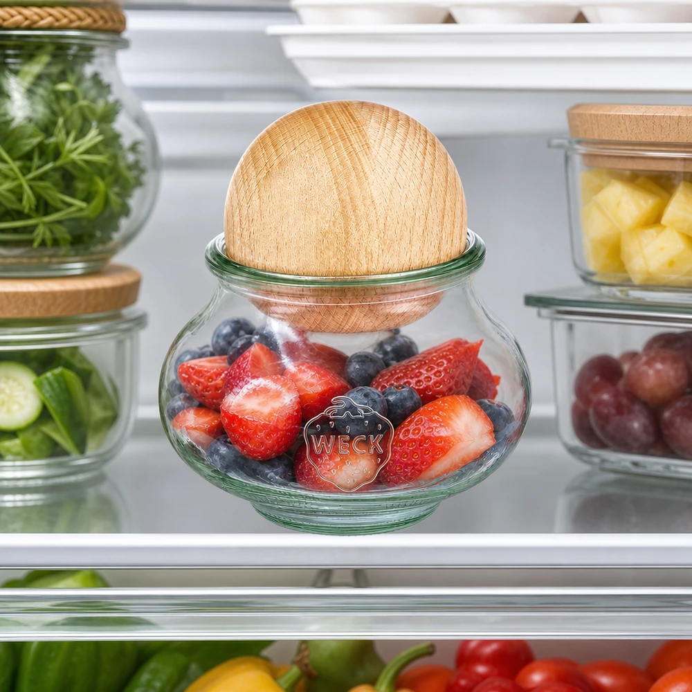 Frasco para jóias WECK RR80 de 560ml com bola de madeira de faia Frasco de jóias WECK 560ml RR80 Arrumação de frigorífico bagas fruta bola de madeira faia conservação frescura organização de frigorífico