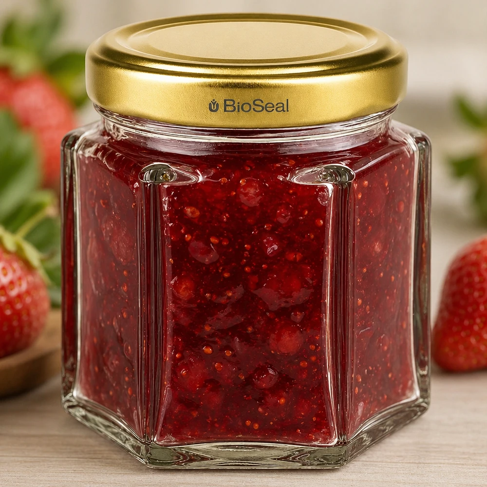 Boião de mel BioSeal 60g hexagonal cheio de compota de morango e tampa de rosca dourada tipo cozinha