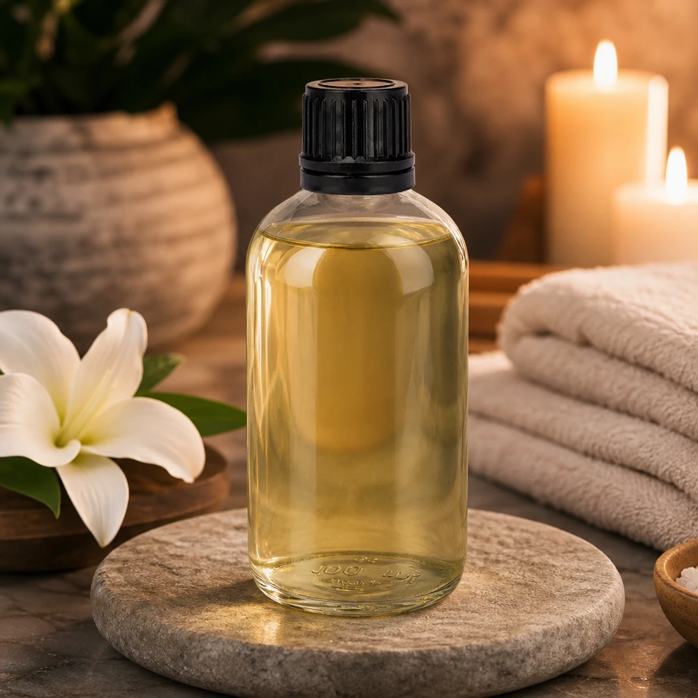 Frasco cilíndrico de vidro transparente de 100 ml sobre pedra natural, com lírios brancos e velas no spa