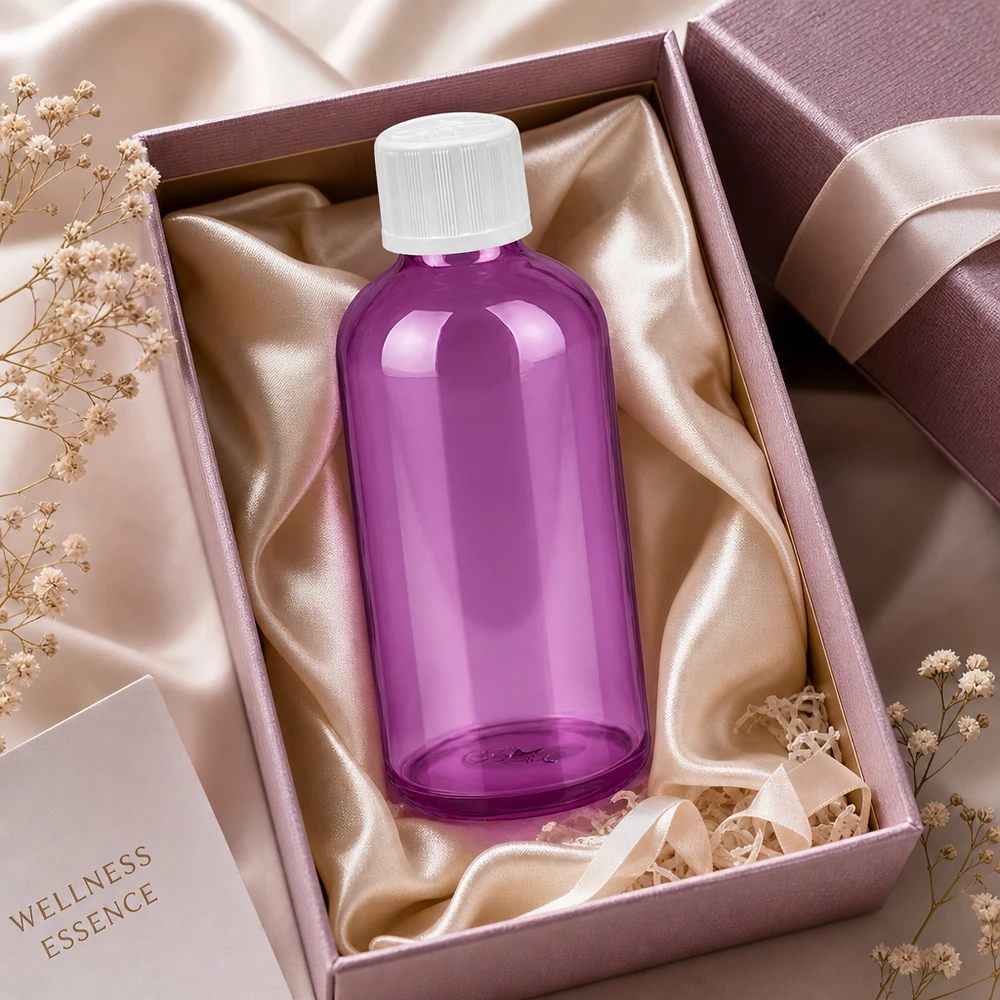 Frasco de vidro roxo de 100 ml em embalagem de oferta luxuosa com forro de cetim e fita