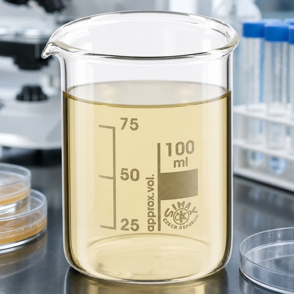 Copo 100 ml de vidro borossilicato, forma baixa Copo transparente de 100 ml em vidro borossilicato com líquido amarelo e graduação precisa