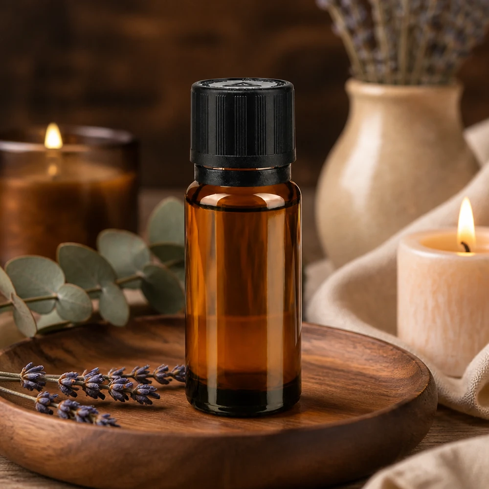 Frasco conta-gotas para aromaterapia de 10 ml, em vidro de farmácia, com tampa de segurança, sobre uma bandeja de madeira