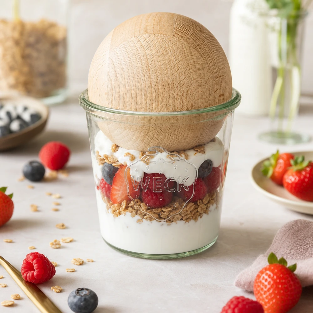 Frasco de vidro WECK RR100 de 580 ml com bola de madeira de faia como taça de cereais com iogurte, bagas e granola na bancada da cozinha