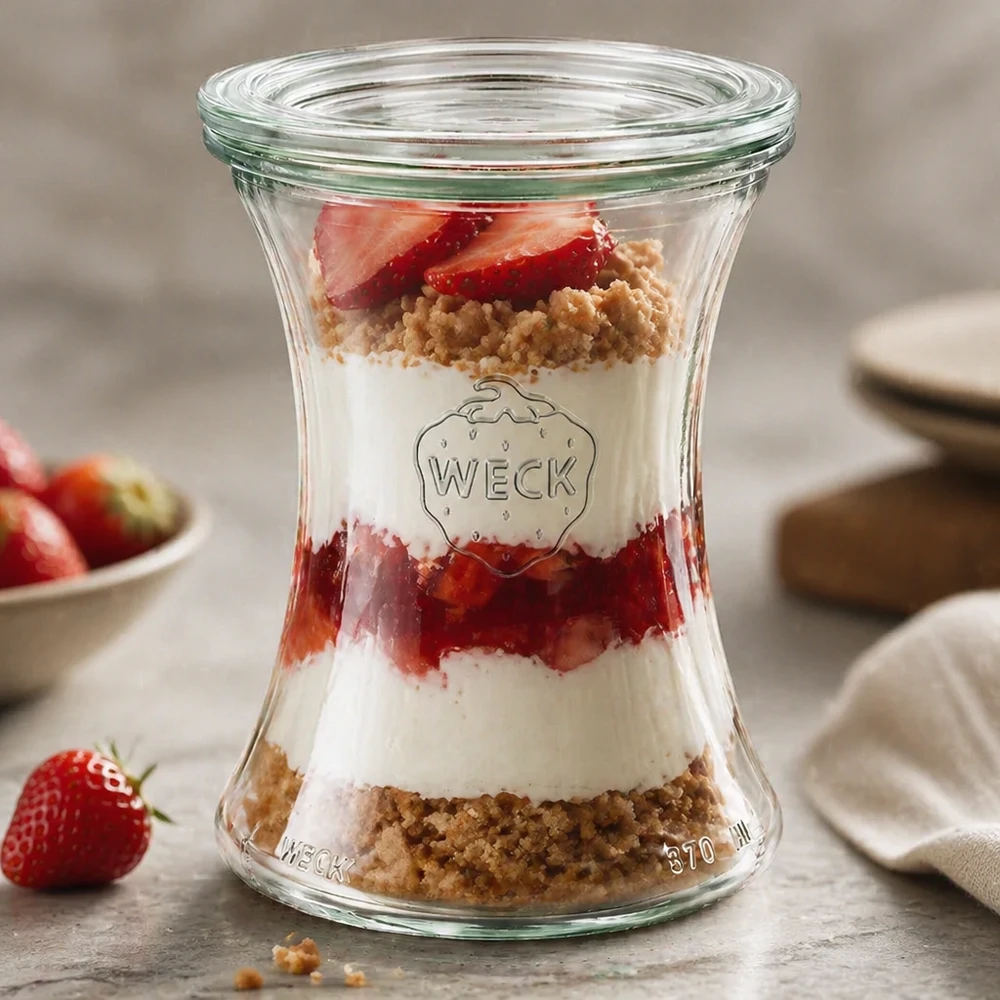 Frasco de charcutaria WECK 370ml RR80 como frasco de sobremesa com morangos e granulado apresenta um aspeto elegante em camadas