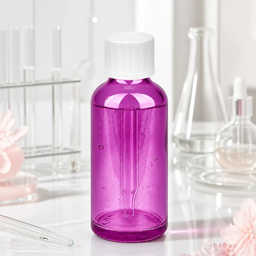 Frasco conta-gotas de plástico de 50 ml em violeta transparente com tampa branca para uma dosagem precisa