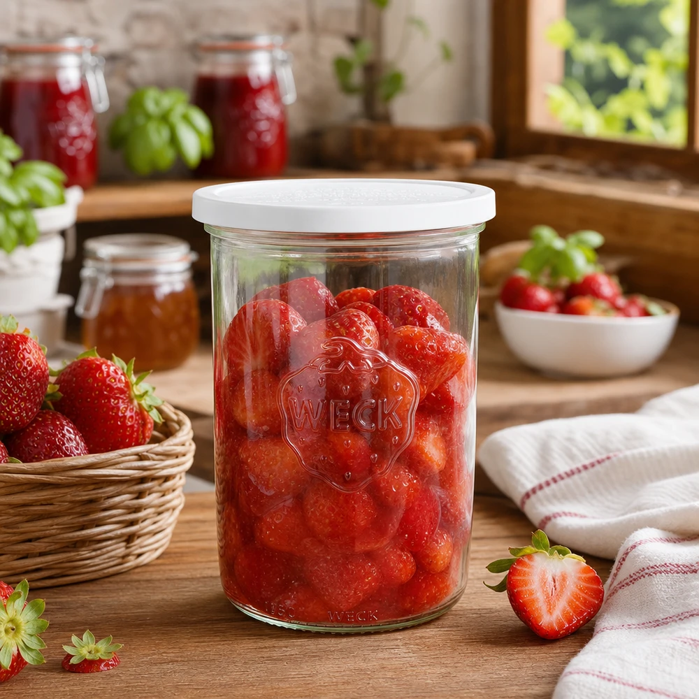 Frasco de conserva WECK 1000ml RR100 com morangos em conserva na cozinha rústica com fruta fresca