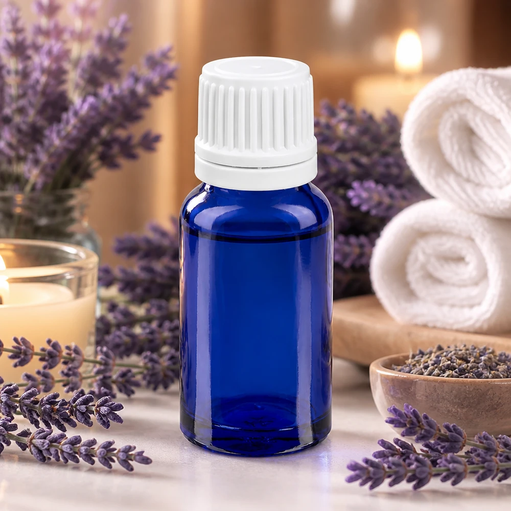 Frasco pequeno de vidro azul de 10 ml com conta-gotas branco para óleos essenciais e aromaterapia