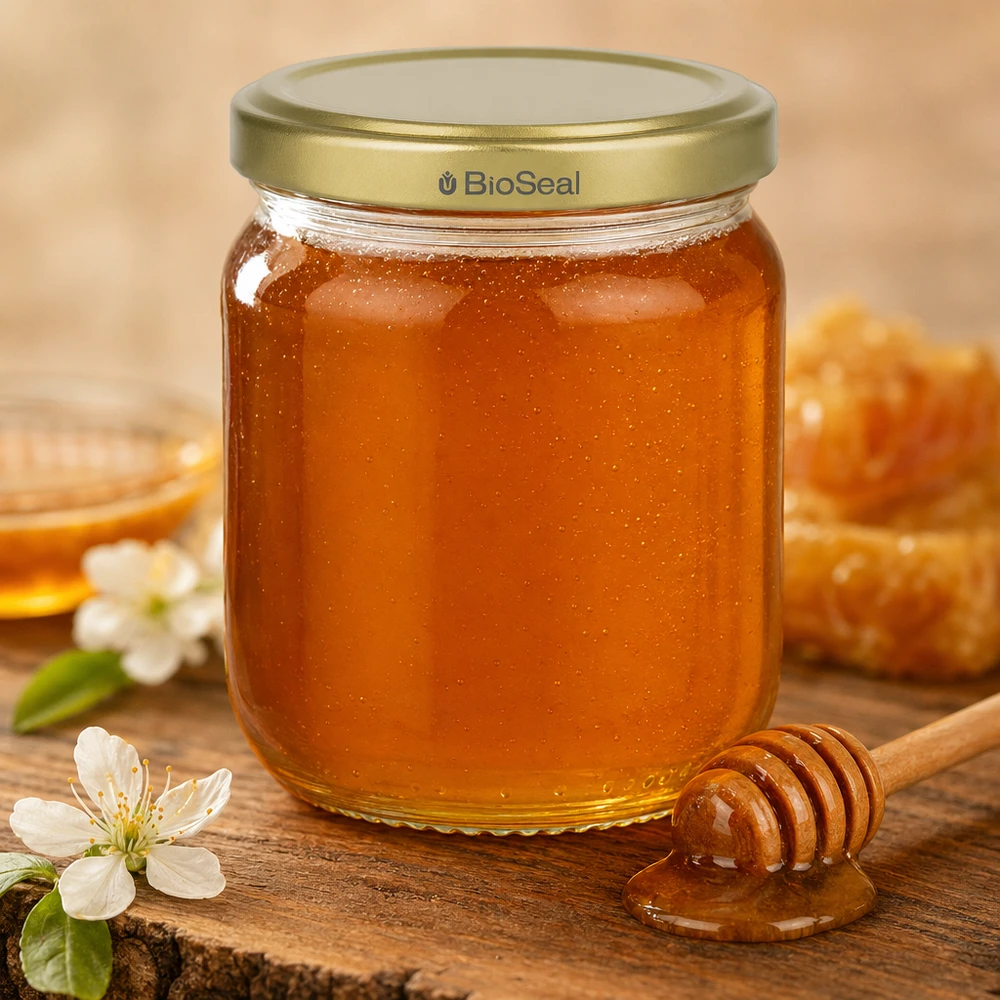500g Honigglas mit goldenem Deckel BioSeal UNiTWIST Frasco de mel de 500 g com tampa dourada BioSeal e colher de mel em madeira rústica com flores brancas como decoração