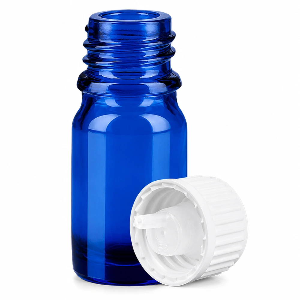 Frasco de vidro azul de 5 ml com tampa anti-gotas STD BlueLine para óleos essenciais e líquidos