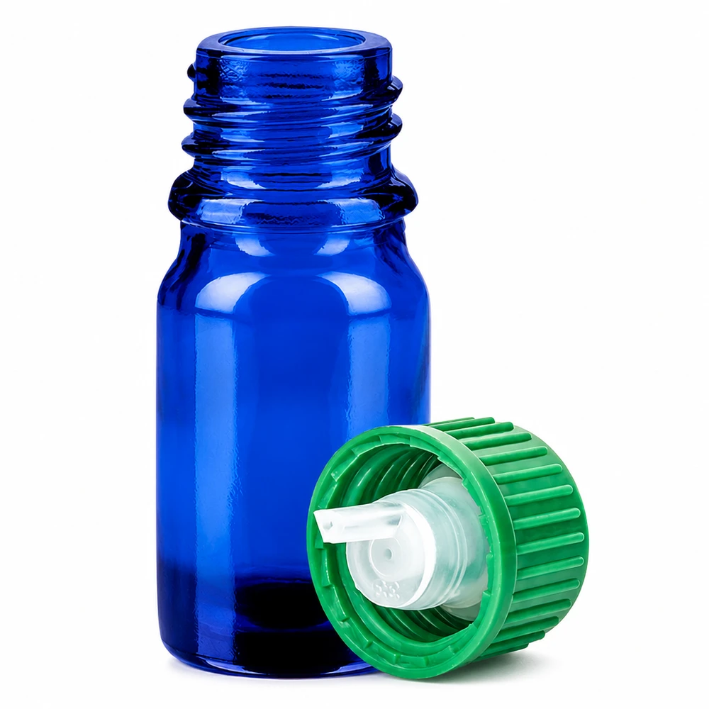 Frasco conta-gotas de 5 ml em vidro azul com um conta-gotas de 0,8 mm para medicamentos e óleos essenciais