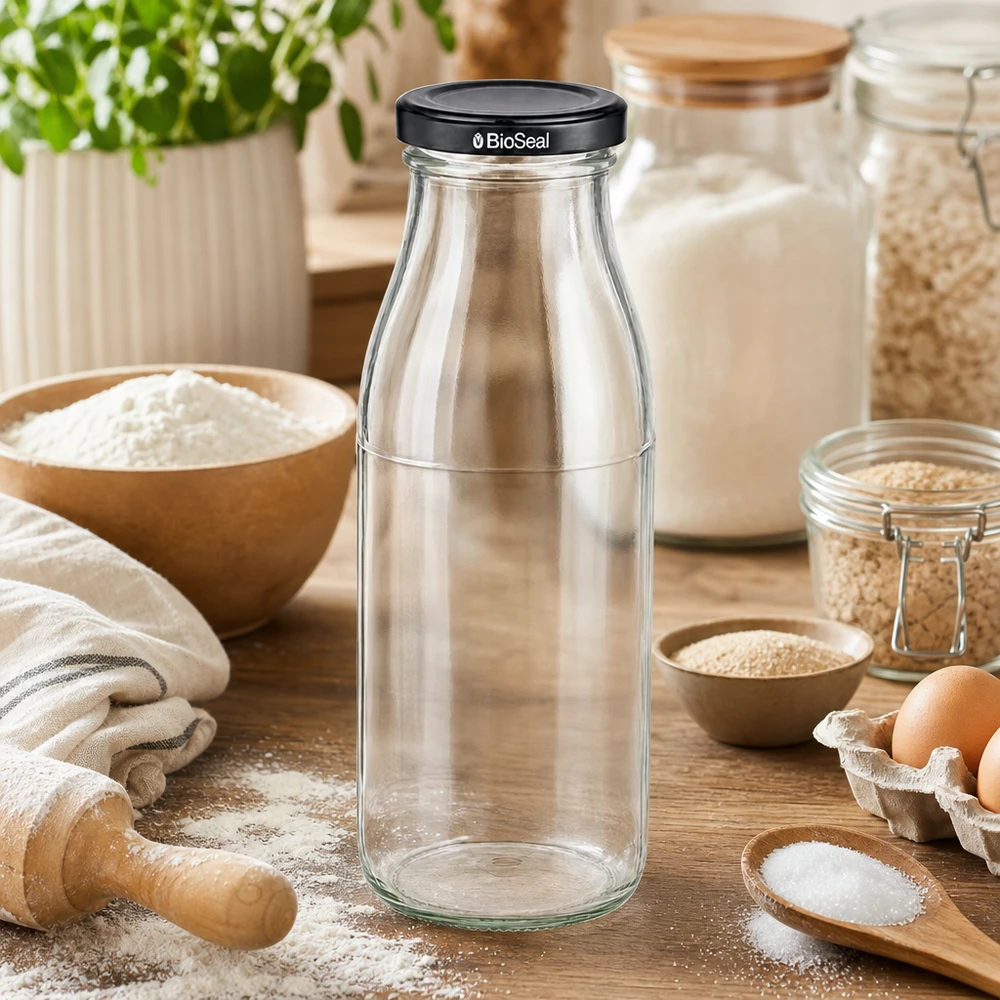 Frasco de vidro de 500 ml + tampa BioSeal preta UNiTWIST 500ml Glasflasche mit BioSeal Deckel in rustikaler Küche zwischen Backzutaten Mehl und Eiern für Kochbegeisterte