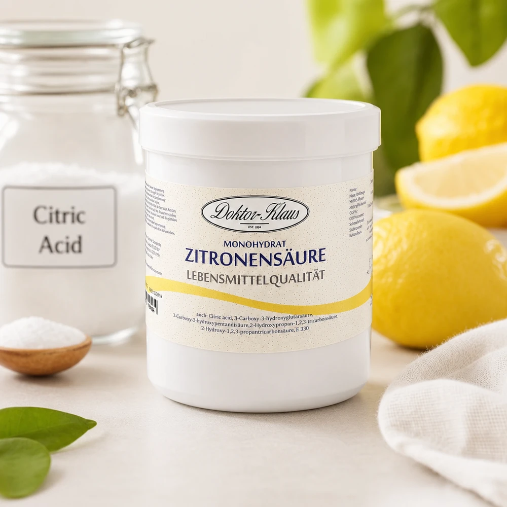 Ácido cítrico 500g Doktor-Klaus Ácido cítrico mono-hidratado 500g Doktor-Klaus de qualidade alimentar com limões naturais ao fundo