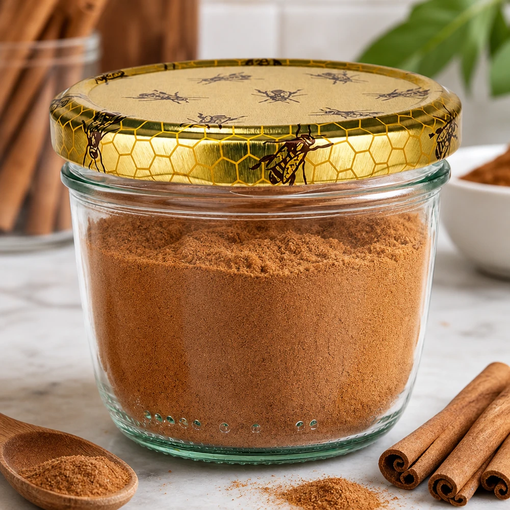 Frasco de vidro de 230 ml com tampa em forma de favo de mel cheio de canela em pó ao lado de paus de canela para guardar especiarias