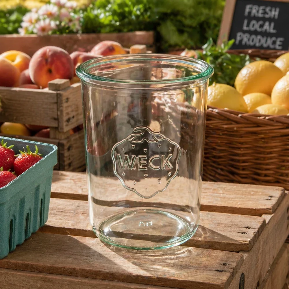 Copos de vidro transparente WECK RR100 de 850 ml com logótipo numa caixa de madeira entre frutas e legumes frescos