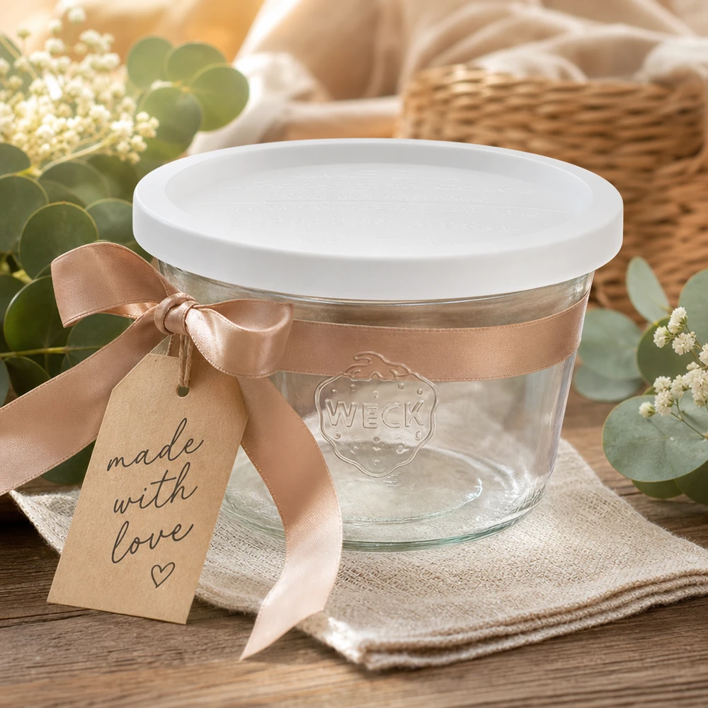 Copos WECK 370ml RR100 apresentados de forma decorativa com laço e etiqueta de oferta Made with Love numa mesa de madeira