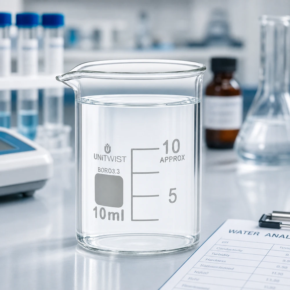 Copo de vidro UNiTWIST de 10 ml, de formato baixo, em vidro borossilicato 3.3 resistente ao calor, para uso em laboratório