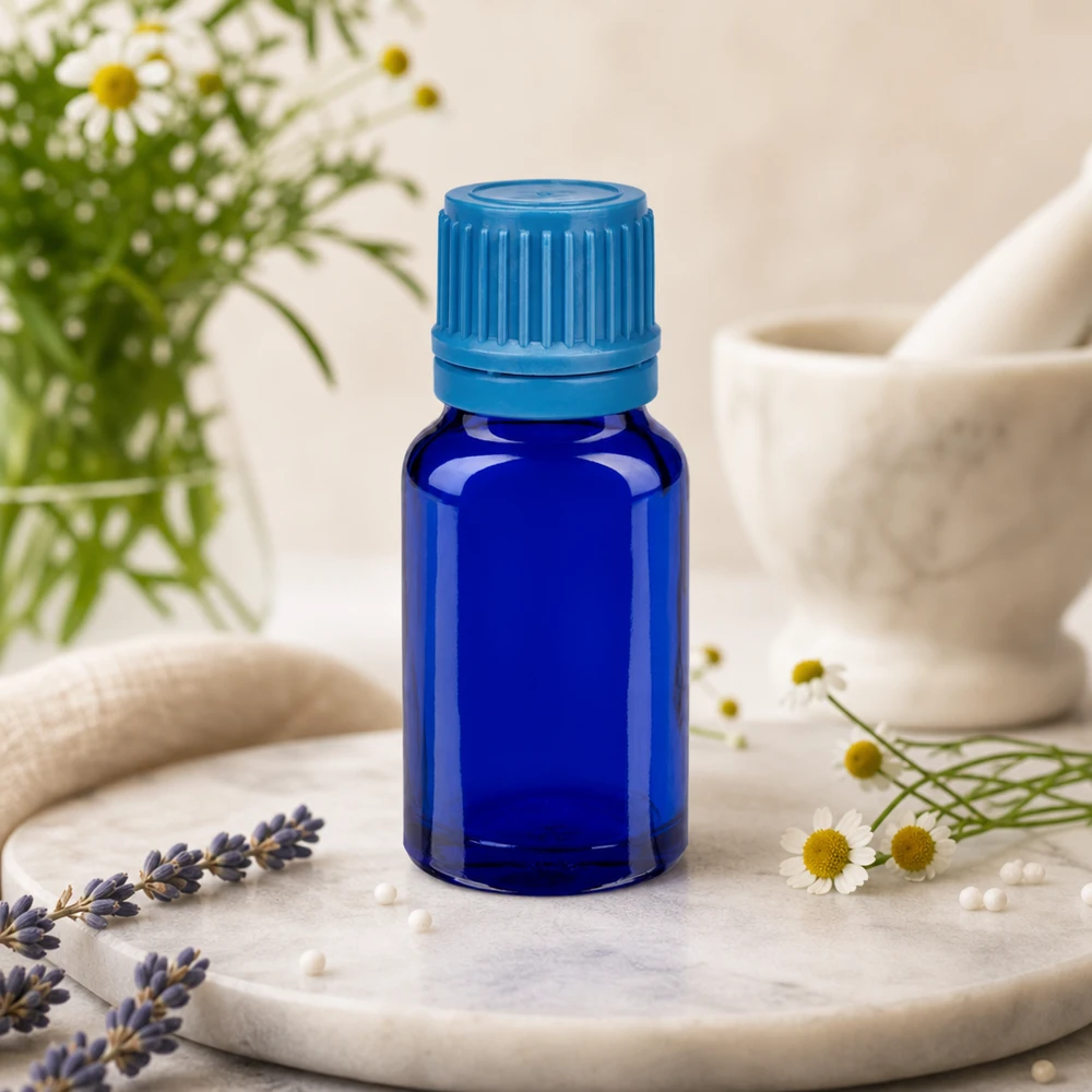 Frasco de 10 ml de vidro azul com proteção UV e tampa inviolável para crianças